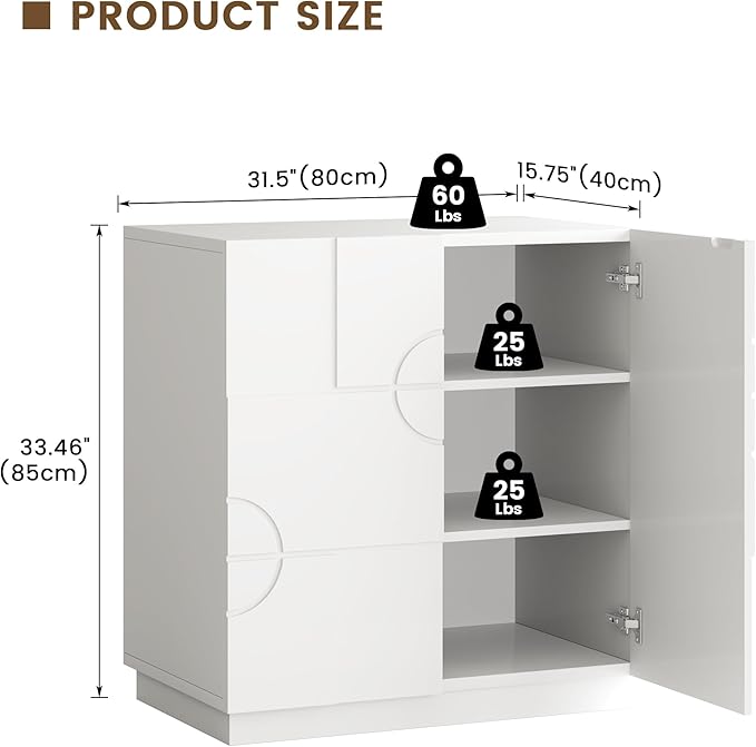 LVSOMT Sideboard Buffet Cabinet with Storage, Modern Accent Credenza with Doors and Adjustable Shelve, 33" Wood Coffee Bar Cabinet for Kitchen, Entryway, Dining Room, High Gloss White