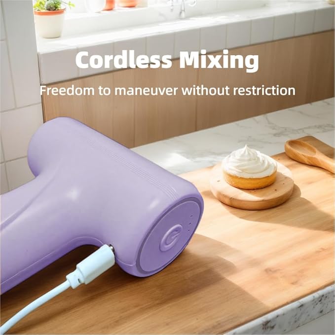 Cordless Hand Mixer, One Touch Off Handheld Electric Whisk with 3 Speed Modes, Hand Held Egg Beater with 2 Detachable Stir Whisks (Purple）