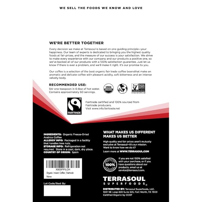 Terrasoul Superfoods Organic Freeze-Dried Instant Coffee, 3.5 oz - Fairtrade | Arabica Beans | Fresh Taste | Medium Roast