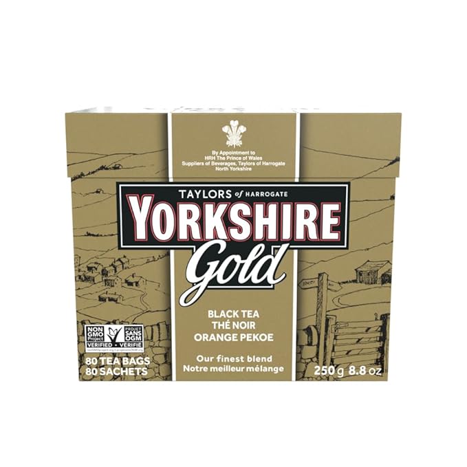 Yorkshire Tea, Gold, Pillow Tea Bags, 80 Count (Pack of 1), Premium Blend, Rich, Smooth, and Satisfying, Classic British Breakfast Blend, Caffeinated, Enjoy Hot or Iced, 80 Teabags