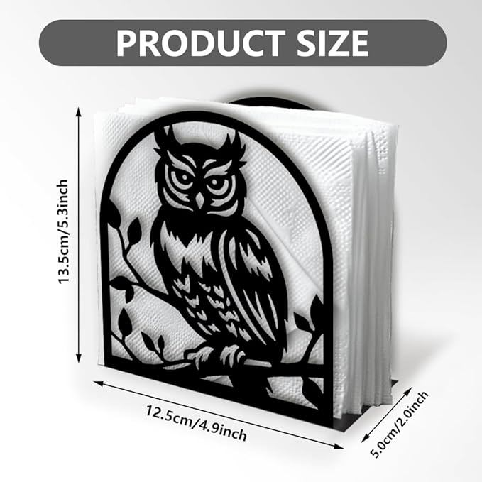 Owl Decorative Black Metal Napkin Holder for Table, 4.9" x 5.3" x 2" Animal Owl On The Branch Standing Napkin Holder for Home Kitchen Restaurant Picnic Party Coffee Bar Dining Room