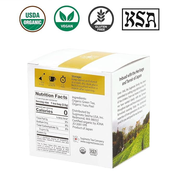 SUGIMOTO TEA Japanese Organic Yuzu Matcha Kukicha Green Tea Bags 12 Count Pack of 1
