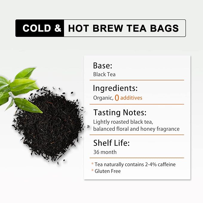 RIANTEA Organic Black Tea Bags - Low Caffeine, Cold & Hot Brew, Premium Quality from Award-Winning Plantation, Non-GMO, Biodegradable, Unsweetened, 100% Natural