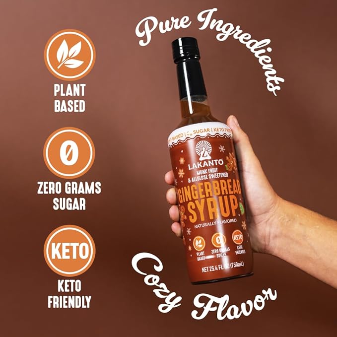Lakanto Gingerbread Simple Syrup - Perfect for Coffee, Tea, Lattes, Smoothies, Cocktails, Baking & Holiday Drinks, Monk Fruit Sweetener with Allulose Zero Sugar, Keto Diabetic Friendly (25.4 Fl Oz)