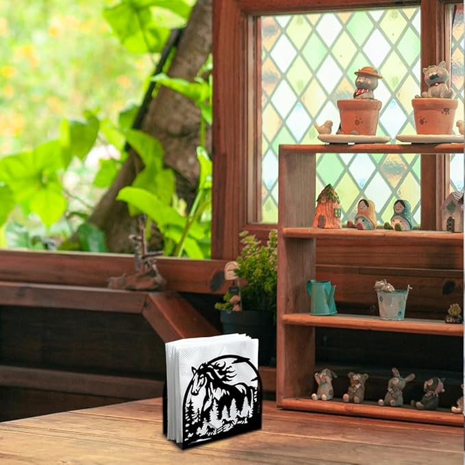 Herd of Horses Decorative Black Metal Napkin Holder for Table, 5.3" x 4.9" x 1.9" Aniaml Tree Forest Standing Napkin Holder for Home Kitchen Restaurant Picnic Party Coffee Bar Dining Room