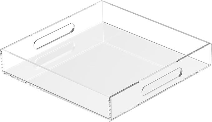 Acrylic Tray 10x10 with Cut Handles - Spill Proof Decorative Tray is an Ideal Countertop Organizer for Living Rooms, Ottoman Coffee Tables, Offices, Kitchens & Serving Guests
