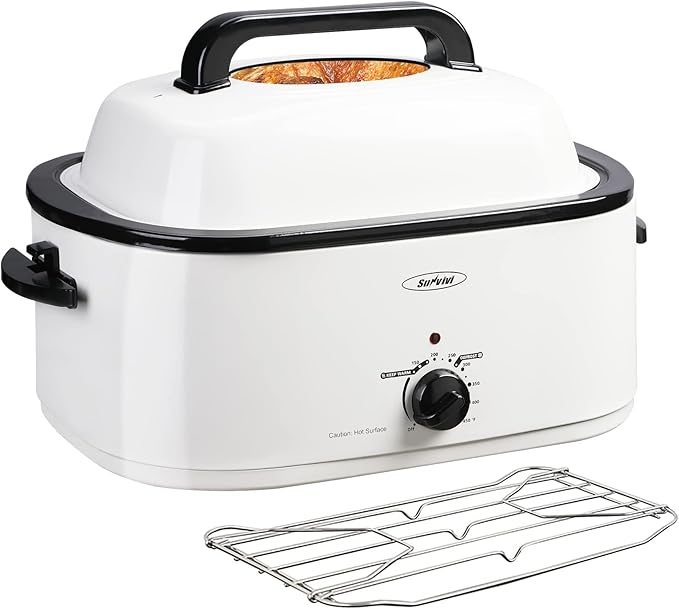 Sunvivi 26 Quart Electric Roaster with Removable Pan, 30 LB Electric Turkey Roaster Oven with Visible & Self-Basting Lid,Large Roaster with Turkey Holder and Cool-Touch Handles,White Body
