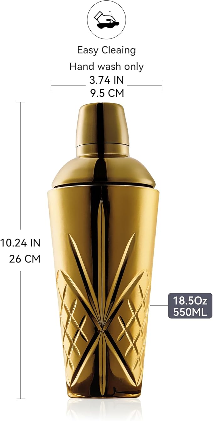 Crystal Cocktail Shaker W/Cutting &Gold Design - 18.5oz-Jumbo Martini Shaker for Elevated Mixology. for Espresso Coffee, Motcha, Mocktail, No Cold Hands. Christmas, Holiday, HomeBar, Parties