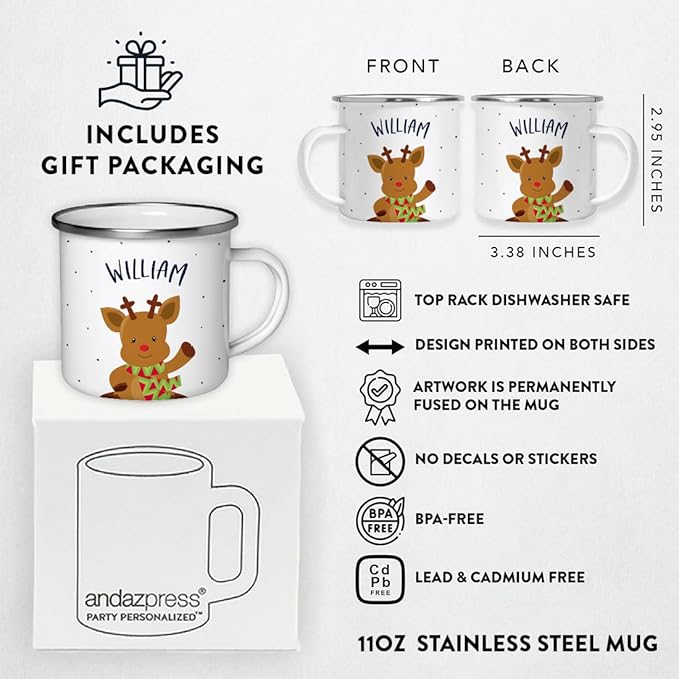 Andaz Press Personalized Name 11oz. Kids Christmas Hot Chocolate Stainless Steel Campfire Coffee Mug, Adorable Rudolph Reindeer Waving, 1-Pack, Custom Birthday Xmas Cup Kids Mugs For Hot Chocolate