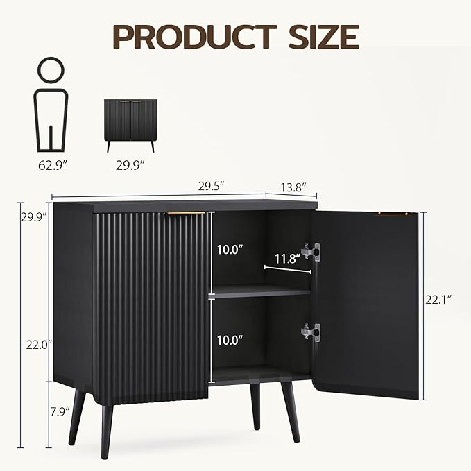 Wood Fluted Sideboard with 2 Doors, Modern Buffet Cabinet with Shelves, Multi-Space Storage Credenza Kitchen for Entryway, Dining & Living Room, Black