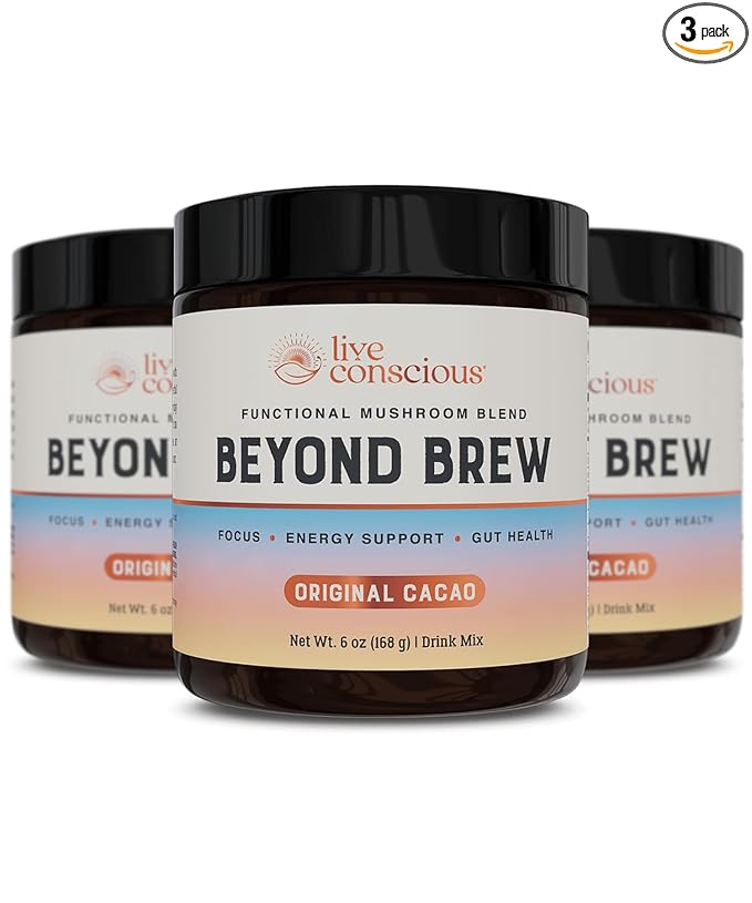 Live Conscious Beyond Brew - Superfood Coffee Alternative - Low Caffeine - Powerful Mushroom Complex - Lion’s Mane, Reishi, Cordyceps & Chaga for Sustained Focus, Energy & Immunity - Prebiotics & Probiotics Supports Gut Health - 30 Servings (3-Pack)