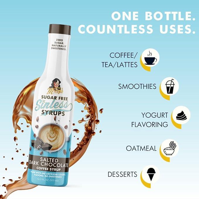 Sugar Free Salted Dark Chocolate Sinless Syrup - Stevia Based, No Sugar Alcohols or Sucralose, No Artificial Sweeteners, Natural Ingredients, Coffee Tea Cocoa Dessert, Keto Friendly, 1 Pack