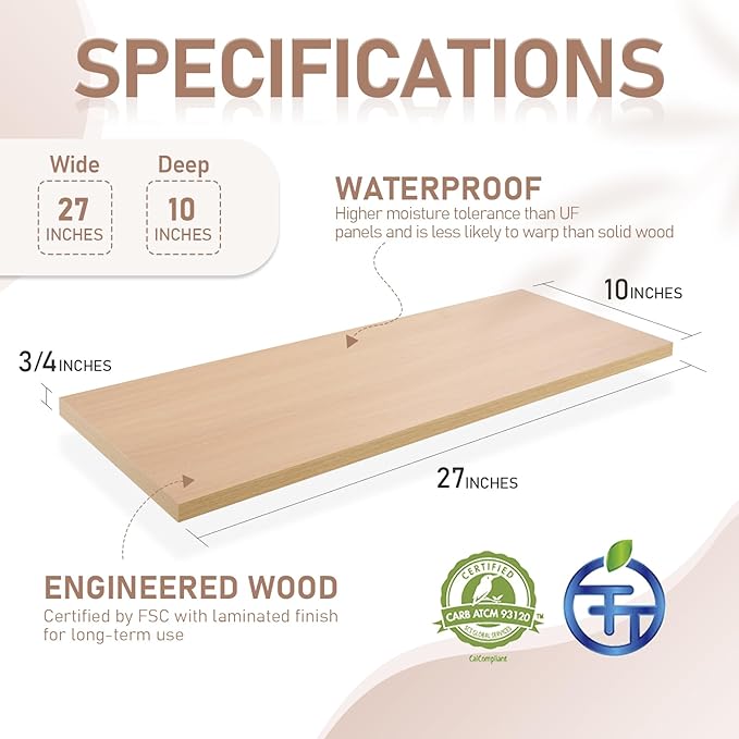 Kaboon 27 inch Long 10 inch Deep Floating Shelves for Wall Set of 2, Large Open Shelves Wall Mounted, Space Saving Home and Commercial Use, Light Walnut