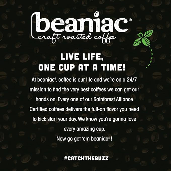 beaniac Organic Bean Me Up Coffeehouse Blend, Medium Roast, Single Serve Compostable K Cup Coffee Pods, Organic Arabica Coffee, Keurig Brewer Compatible, 72 Count