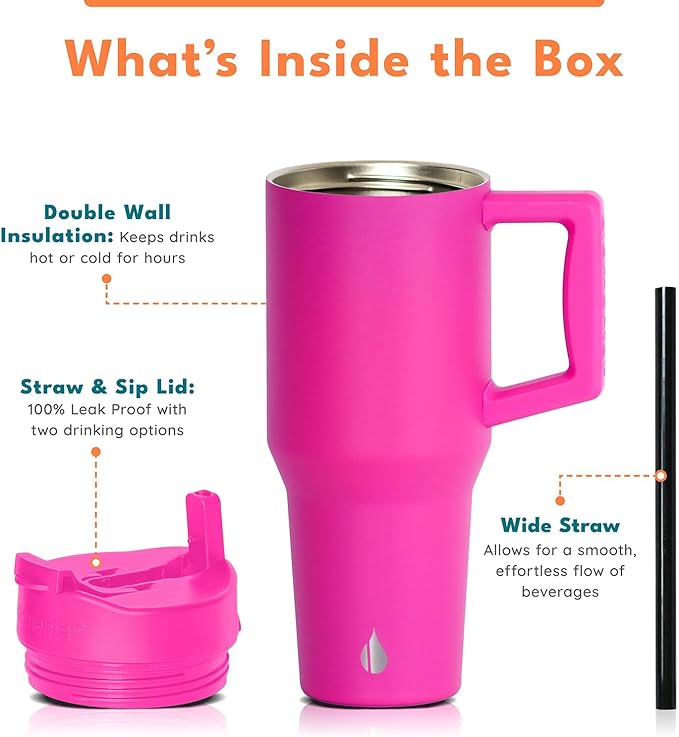 Elemental 32 oz 100% Leak Proof Tumbler with Handle & Straw - Stainless Steel Double Wall Insulated Tumbler for Hot and Cold Beverages - Travel Coffee Mug with Sip & Straw Lid - Hot Pink