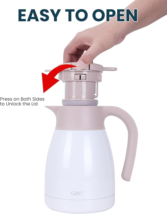 GiNT 1L / 34Oz Thermal Coffee Carafe, Insulated Stainless Steel Coffee Carafes for Keeping Hot/Double Walled Vacuum Thermal Carafe (White)