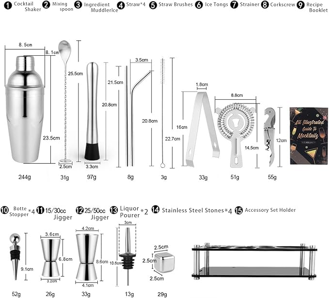 25-Piece Cocktail Shaker Set, Stainless Steel Bartender Kit with Acrylic Stand & Cocktail Recipes Booklet, Professional Bar Tools for Drink Mixing, Home, Bar, Party (Include 4 Whiskey Stones)