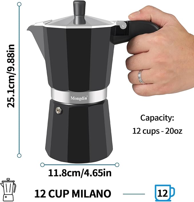 Mongdio Stovetop Espresso Maker Moka Pot, Stove Top Cuban Coffee Maker, Italian Greca Mocha Pot, 12 Espresso Cups, 20 oz - Black