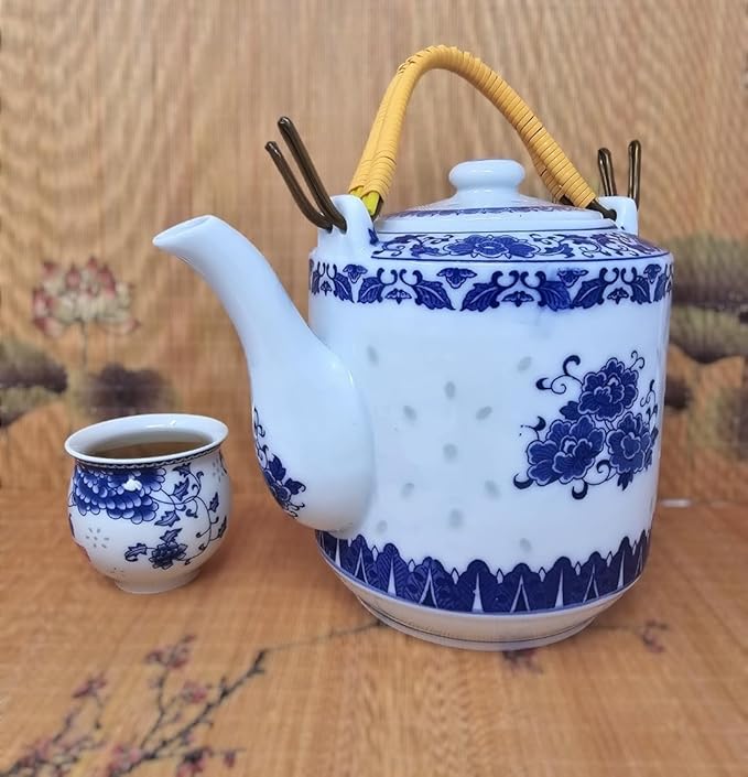 Large Teapot Blue and White Porcelain 64 OZ