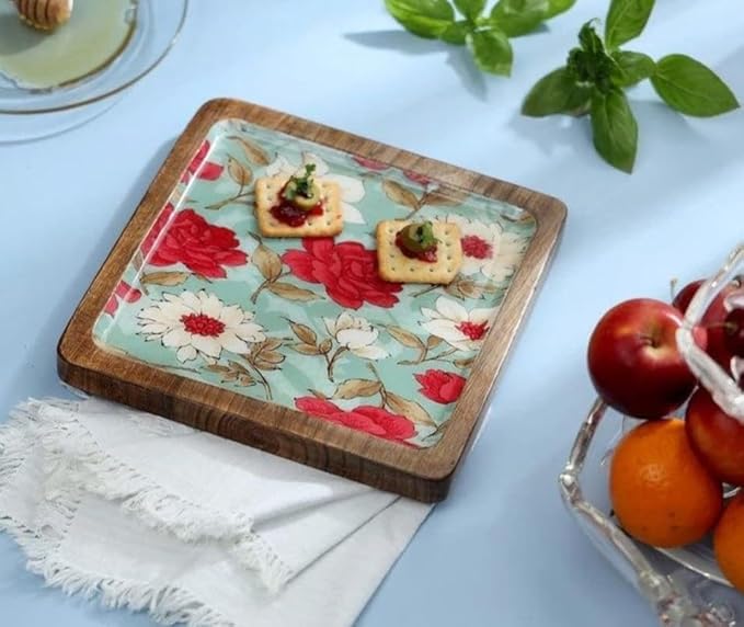 Handcrafted Square Wooden Decorative Tray – Floral Design Wooden Serving Plate, Snack Platter, Candle Bowl & Coffee Table Décor 6 inch x 6 inch x 0.75 inch (Square Floral)