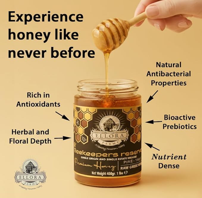 Ellora Farms Greek Honey Single Estate PDO, Pine & Thyme Honey Unfiltered, Beautiful Gift Pack with Dipper, Beekeepers Reserve, Raw & Unfiltered, Gluten Free - 450g (16oz)