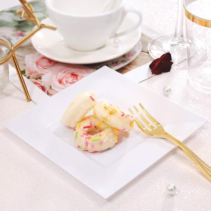 bUCLA 100PCS White Square Plastic Plates-6inch Disposable Cake Plates- Premium Hard Square Small Appetizer Plates for Wedding/Party
