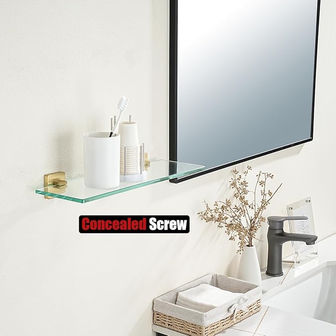 JQK Bathroom Glass Shelf, Floating Tempered Glass Shower Storage 16 by 5 inches, 304 Stainless Steel Brushed Gold Wall Mount 2 Pack, TGS201L16-BG-P2