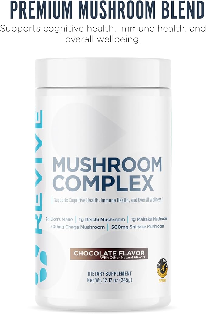 Revive MD Mushroom Powder, Chocolate - Mushroom Supplement Supports Focus, Cognitive, Immune & Brain Health with a Blend of Lion's Mane, Reishi, Chaga, Shiitake & Maitake - Gluten-Free (30 Servings)