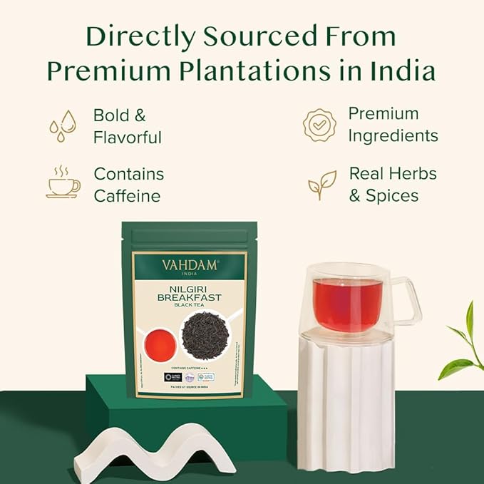 VAHDAM Nilgiri Breakfast Black Tea (150+ Cups/12oz) - Robust & Flavory Loose Leaf Tea | Single Origin, Vacuum Sealed Pack