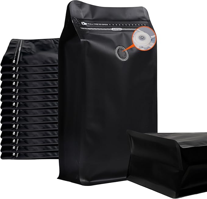 50 Pcs Upgraded Coffee Bags with Valve (Black,8 oz/0.5 lb), Black High Barrier Aluminum Foil Flat Bottom Standing Coffee Bean Storage Bags, Heat Sealable Resealable Bag for Home.