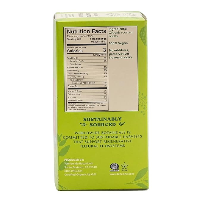 Worldwide Botanicals Organic Roasted Barley Tea, 25 Tea Bags - 3x more herbs with 6g per teabag - AKA Mugicha, Boricha, Damaicha, Orzo - Caffeine-Free, Kosher