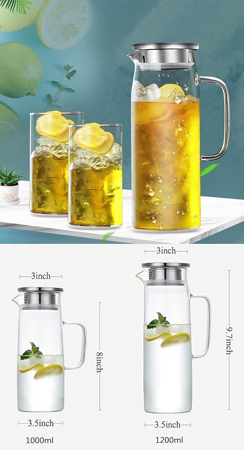 Glass Pitcher with Lid, 34 Oz Heat Resistant Glass Water Carafe with Handle for Fridge, Small Pitcher for Iced Tea, Milk, Hot and Cold Beverage, Glass Juice Jug 1000ML/34oz 1l
