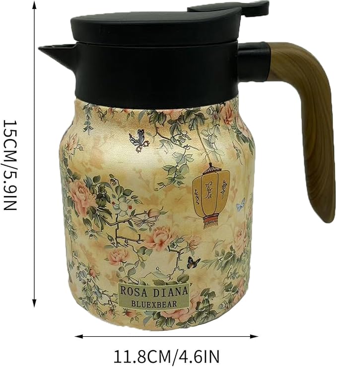 Vintage Floral Pattern Teapot, Doresty Tea Pot, Vintage Floral Pattern Tea-Built-In Infuser, Stainless Steel Thermal Carafe with Lid for Hot Drinks (Orange, Wooden handle)