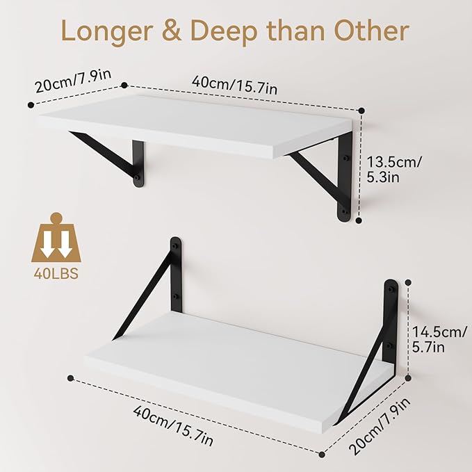 IBUYKE Deep Floating Shelves for Wall,8 Inch Deep Floating Shelves Set of 2,16W x 8D Wood Wall Shelf,Wide Floating Bookshelf for Living Room, Kitchen, Office TFS002W-2
