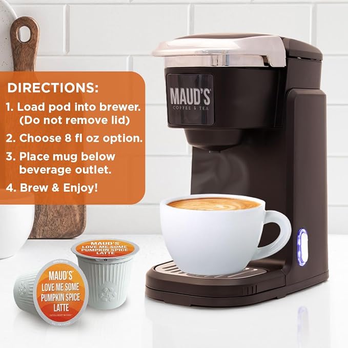 Maud's Pumpkin Spice Latte Flavored Coffee Pods, 18 ct, Medium Roast Flavored Coffee in Recyclable Single Serve Pods – 100% Arabica Beans, Compatible with Keurig K Cups Maker