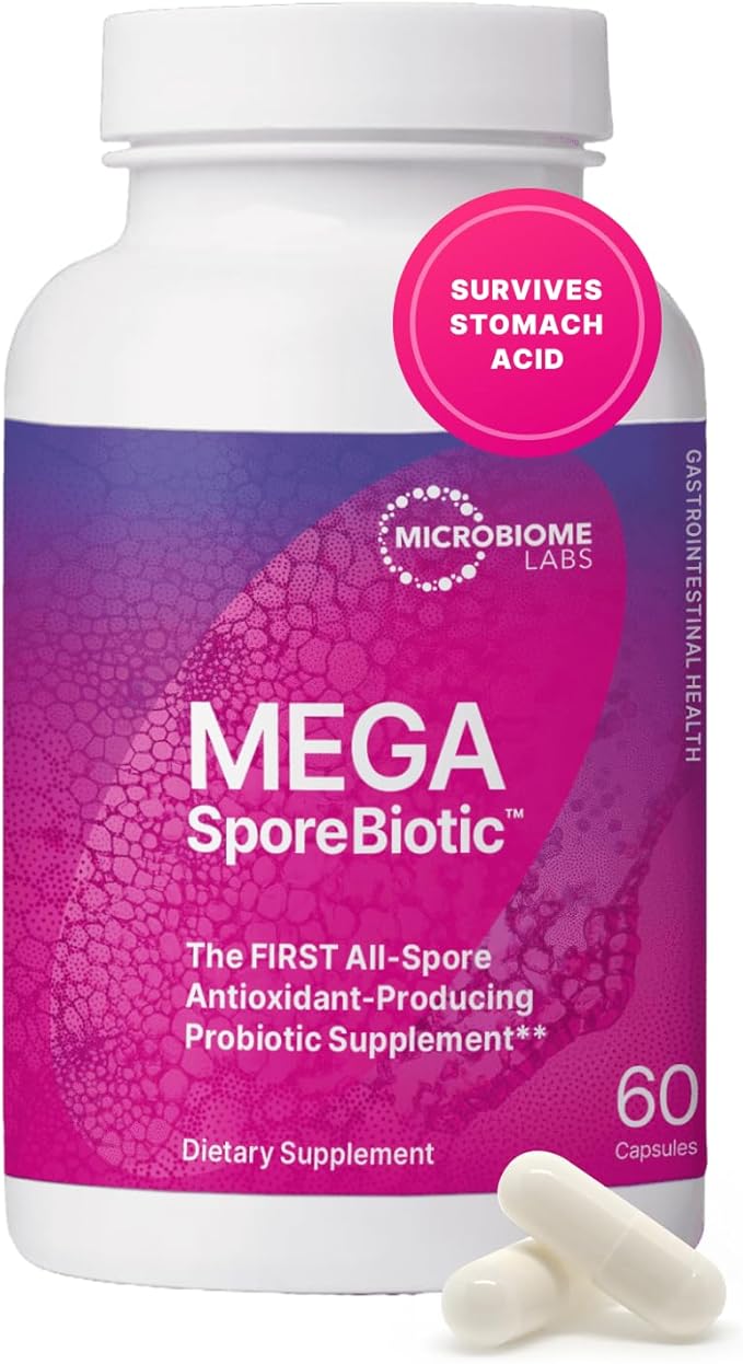 Microbiome Labs MegaSporeBiotic Probiotics for Women & Men - Spore-Based Probiotic for Gut Health & Digestive Support - Shelf-Stable, Travel-Friendly, Mens & Womens Probiotics (60 Capsules)