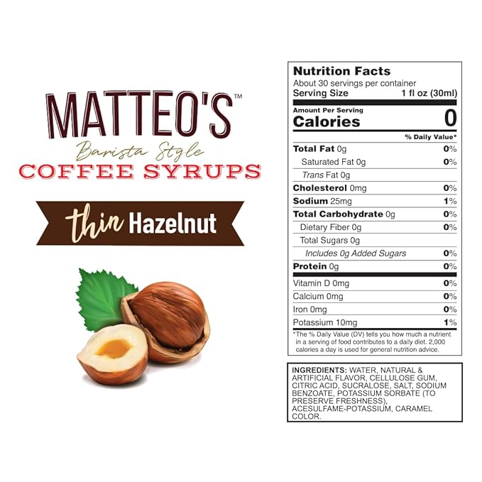 Matteo's Hazelnut Syrup for Coffee, Lattes, Cappuccinos & Desserts – Sugar-Free Sweetener for Beverages, Keto Friendly, Zero Calories, Indulgent Flavor, Non-Alcoholic, Ideal for Coffee 33.8oz (1pk)