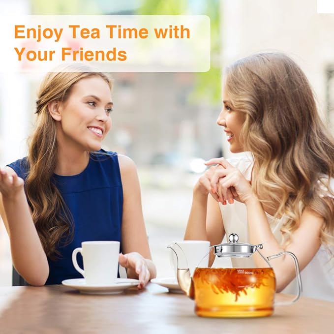 Glass Teapot, 40oz/1200ml Tea Pot with Removable Infuser for Loose Tea, Stovetop Safe Borosilicate Glass Tea Kettle with Strainer and Lid, Hand Crafted Clear Teapot with Scale Line, Tea Brewer Guide