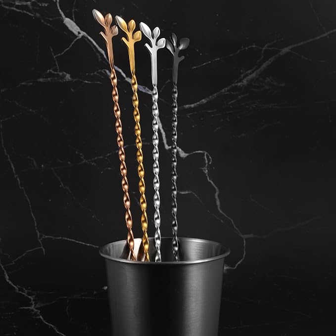 AnSaw Black 12-Inch Stainless Steel Cocktail Spoon with Leaf Handle - Perfect for Mixing & Layering Drinks in Tall Cups, Bar & Shakers - Durable Long Handle Bar Stirrer,1-Pieces