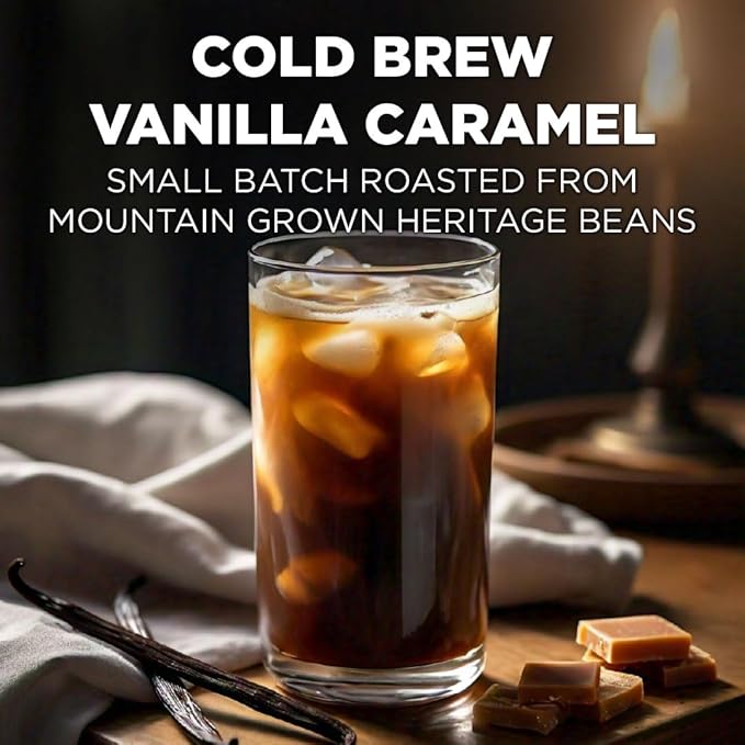 Maud's Vanilla Caramel Flavored Cold Brew Coffee Pods, 18 ct, Dark Roast Flavored Coffee in Recyclable Single Serve Pods – 100% Arabica Beans, Compatible with Keurig K Cups Maker
