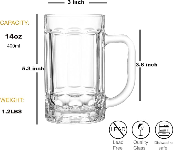 COKTIK 6 Pack Heavy Large Beer Glasses with Handle - 14 Ounce Glass Steins, Classic Beer Mug glasses Set
