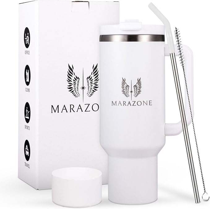 40 oz Tumbler with Straw and Leakproof Lid for Hot and Cold Drinks - Stainless Steel Travel Mug Fits Cup Holder, Reusable Water Bottle with accessories, Gift for Women and Men - Pure white