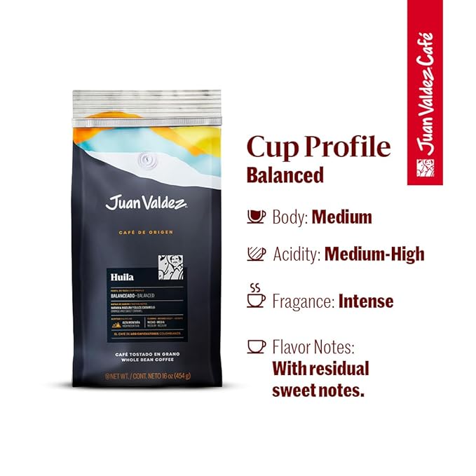 Juan Valdez Huila Whole Bean Coffee | 100% Colombian Coffee | Single Origin with Notes of Ripe Orange & Caramel | 16 oz / 454 gr