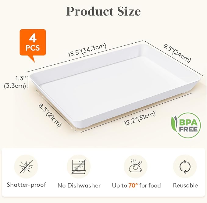 Lifewit Plastic Serving Tray for Party Supplies, 4 Pcs White Trays for Serving Food, Reusable Platter for Buffet, Fruit, Charcuterie, Snack, Rectangle, Holiday Christmas Essentials, BPA Free