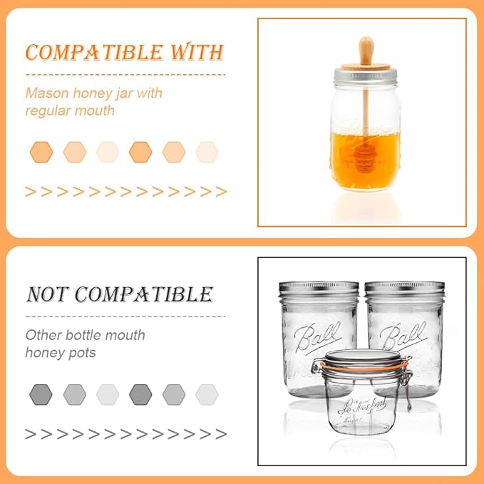 1pc Wooden Mason Jar Honey Dippers - Honey Dipper Wooden Stick for Regular Mouth Mason Jars, Honey Spoon Mason Jar Honeycomb Lid for Regular Mouth 16 oz Mason, Ball Jars (ONLY Honey Dippers)