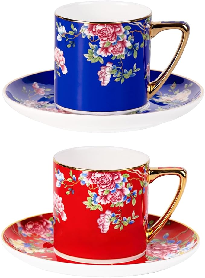 KAMMAK Tea Cups and Saucers Set of 2, Porcelain Coffee Cups with Saucer for Espresso, Cappuccino, 7.5oz Vintage Red and Blue Ceramic Demitasse Mug for Home, Tea Party, Office
