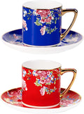 KAMMAK Tea Cups and Saucers Set of 2, Porcelain Coffee Cups with Saucer for Espresso, Cappuccino, 7.5oz Vintage Red and Blue Ceramic Demitasse Mug for Home, Tea Party, Office