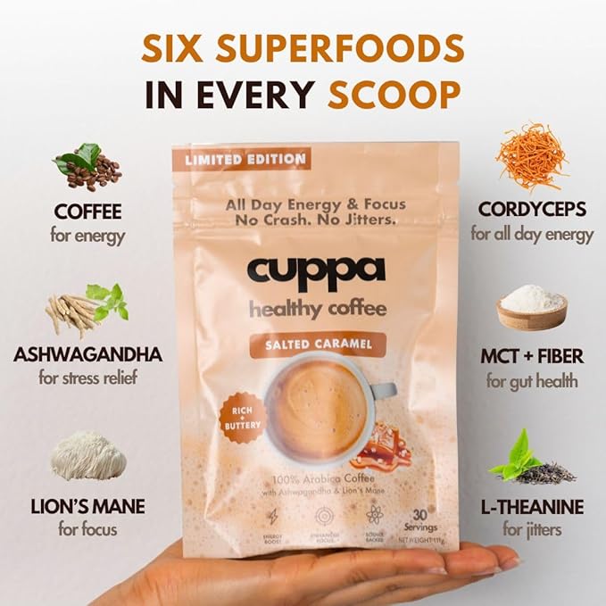 Cuppa Salted Caramel Healthy Mushroom Instant Coffee with Lion's Mane & Ashwagandha for All Day Energy & Focus - No Crash or Jitters - Nootropics for Brain Health, Gut Health, Immunity, Stress, Memory + Mood - 30 Servings
