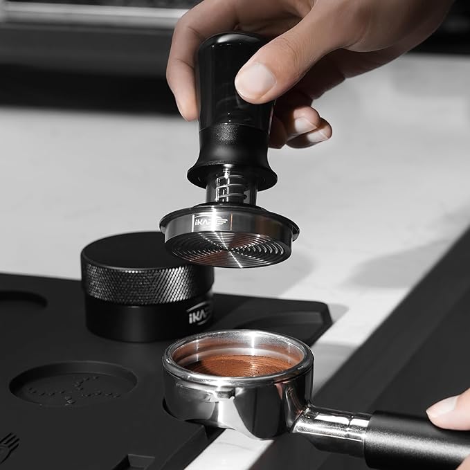 IKAPE 53.3mm Calibrated Spring Espresso Tamper, Threaded Stainless Steel Base for 54mm Breville Portafilters, Semi-Transparent (New Upgrade)