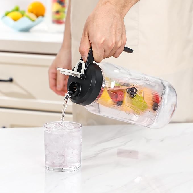 Heavy Duty Mason Jar Fruit Infuser Water Pitcher, Leak-proof Glass Pitcher with Filter Lid, Wide Mouth Glass Jar - 2 Quart